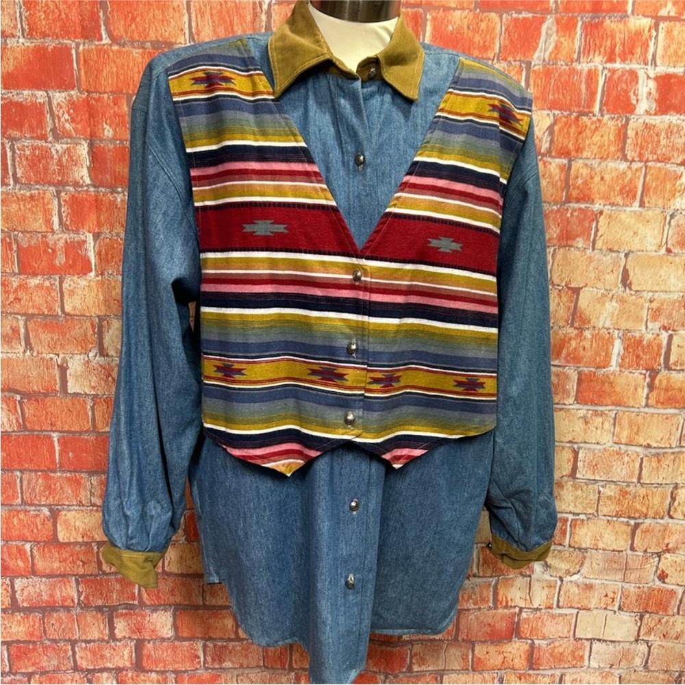 Mark Fore & Strike Vintage‎ Denim Button Down Shirt with Multicolor Vest